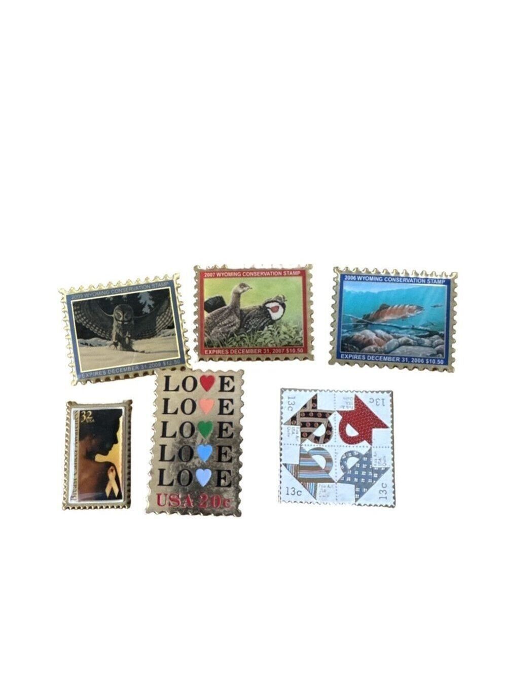 Set of 6 Assorted Vintage Stamp Enamel Pin Collection